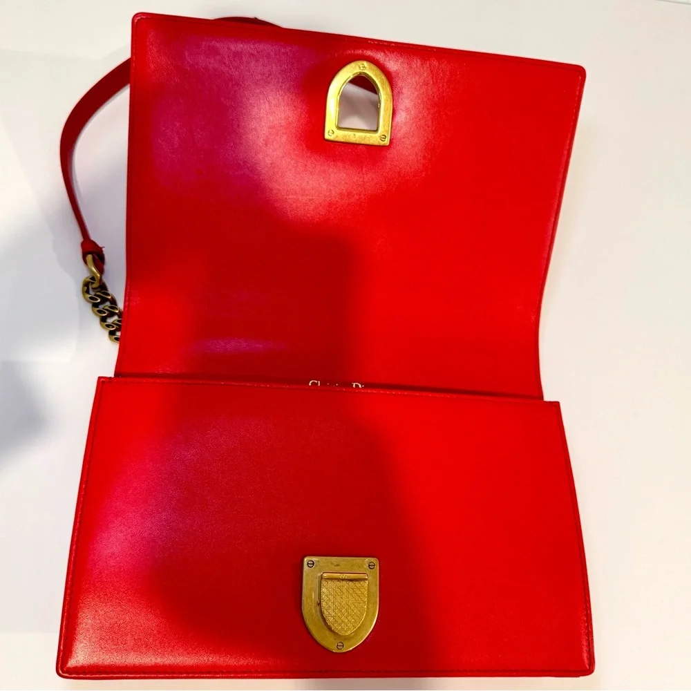 Christian Dior Diorama Red Leather Medium Flap Bag W Gold Studs & Chain Strap